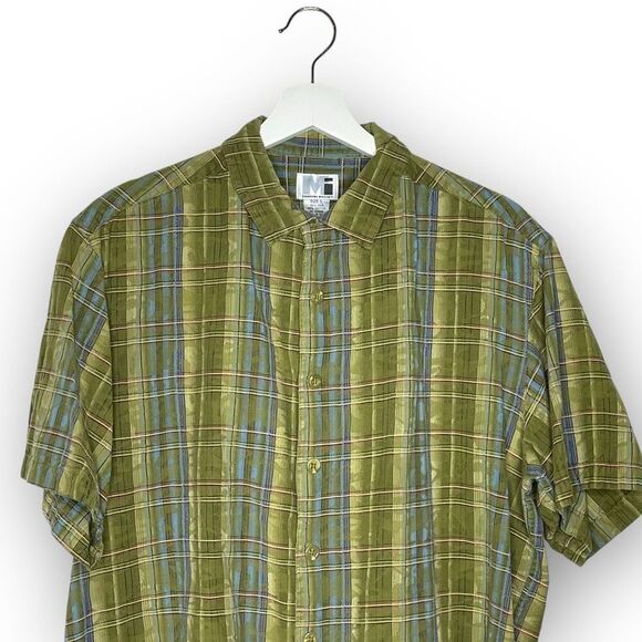 MI Modern Images Green Plaid Silk Blend Short Sleeve Button Up Men’s Size Large - Picture 3 of 9